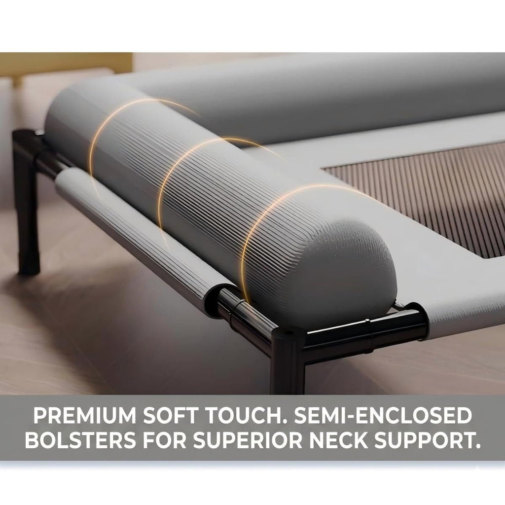 Elevated Pet Cot with Bolster Cushion, Portable Dog Bed for Indoor & Outdoor Use, Removable Washable Cover, Breathable Mesh Design for Warm Weather Comfort (Gray)