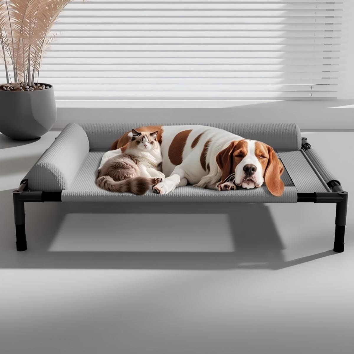 Elevated Pet Cot with Bolster Cushion, Portable Dog Bed for Indoor & Outdoor Use, Removable Washable Cover, Breathable Mesh Design for Warm Weather Comfort (Gray)