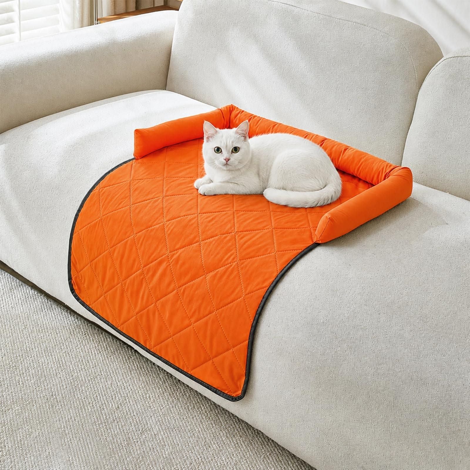 Cooling Pet Mat with Bolster Side Support – Scratch-Resistant, Self-Cooling, Non-Slip Base for Cats & Small to Medium Dogs, Perfect for Sofa, Floor, Car, or Outdoor Use (S, Orange)