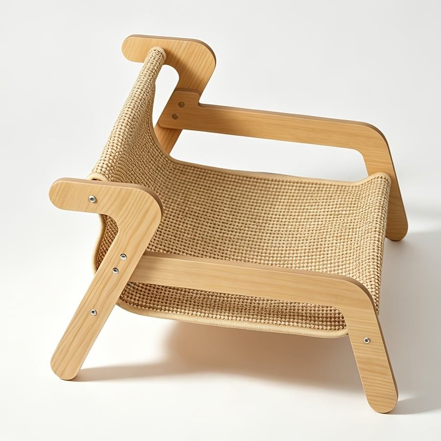 Curved Wooden Cat Lounge Chair with Sisal Scratching Surface – Hammock-Style Pet Bed for Indoor Rest, Play, and Nail Trimming, Fits Living Room or Balcony (Yellow)