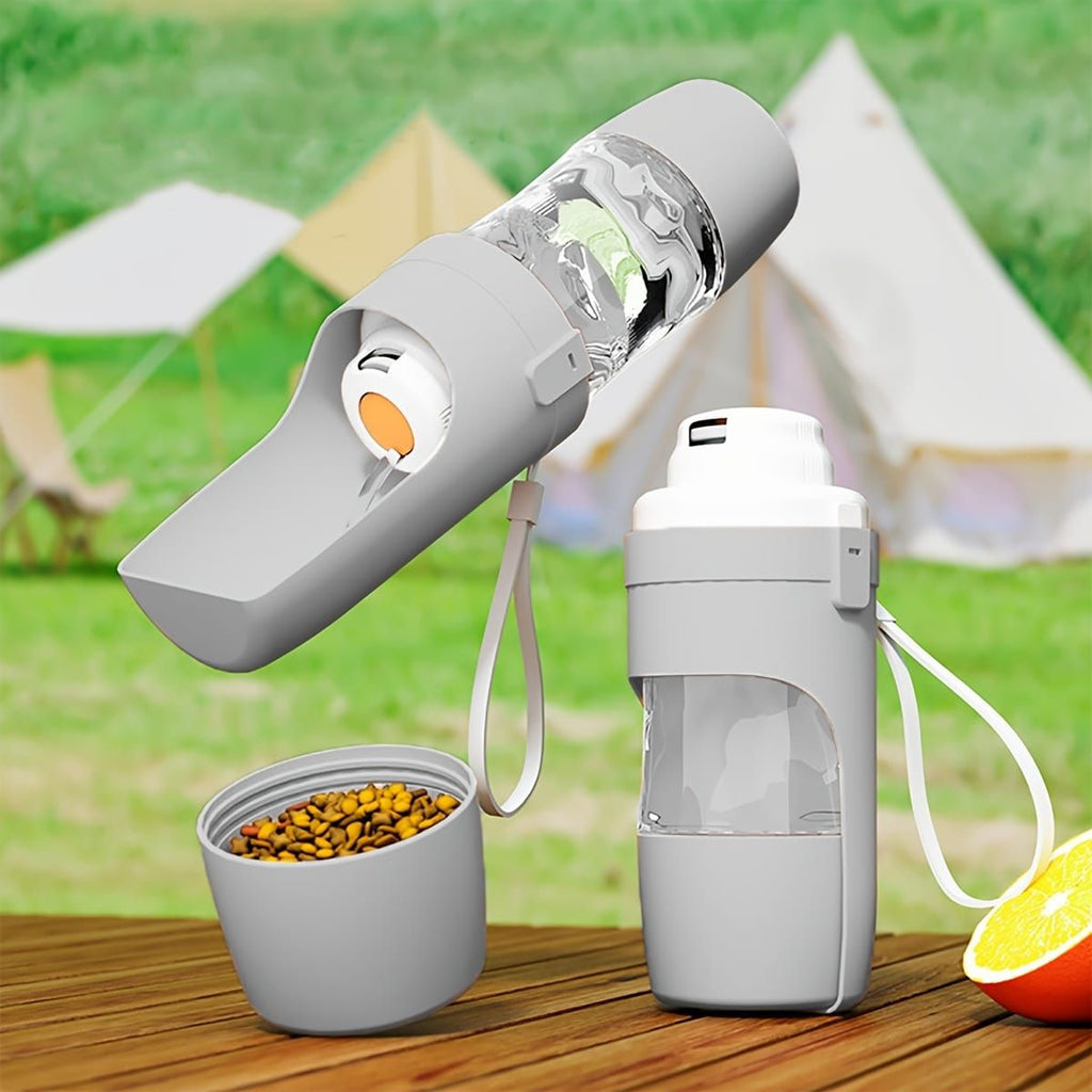 Portable Dog Water Bottle – Leak-Proof Pet Water Dispenser with Food Storage, Ideal for Outdoor Walks, Camping, and Travel (Grey)