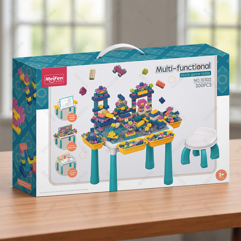 Multifunctional Kids Building Block Table Set with Storage, Compatible with 3-6 Year Olds, Includes Chair and 88-380PCS Colorful Bricks, Ideal for Learning, Drawing, Sand & Water Play (300PCS)