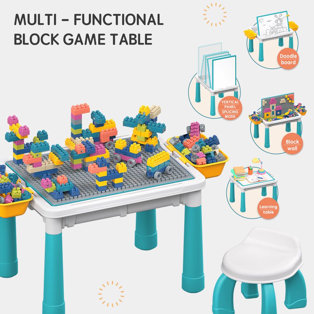 Multifunctional Kids Building Block Table Set with Storage, Compatible with 3-6 Year Olds, Includes Chair and 88-380PCS Colorful Bricks, Ideal for Learning, Drawing, Sand & Water Play (300PCS)