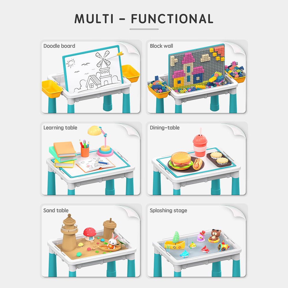 Multifunctional Kids Building Block Table Set with Storage, Compatible with 3-6 Year Olds, Includes Chair and 88-380PCS Colorful Bricks, Ideal for Learning, Drawing, Sand & Water Play (300PCS)