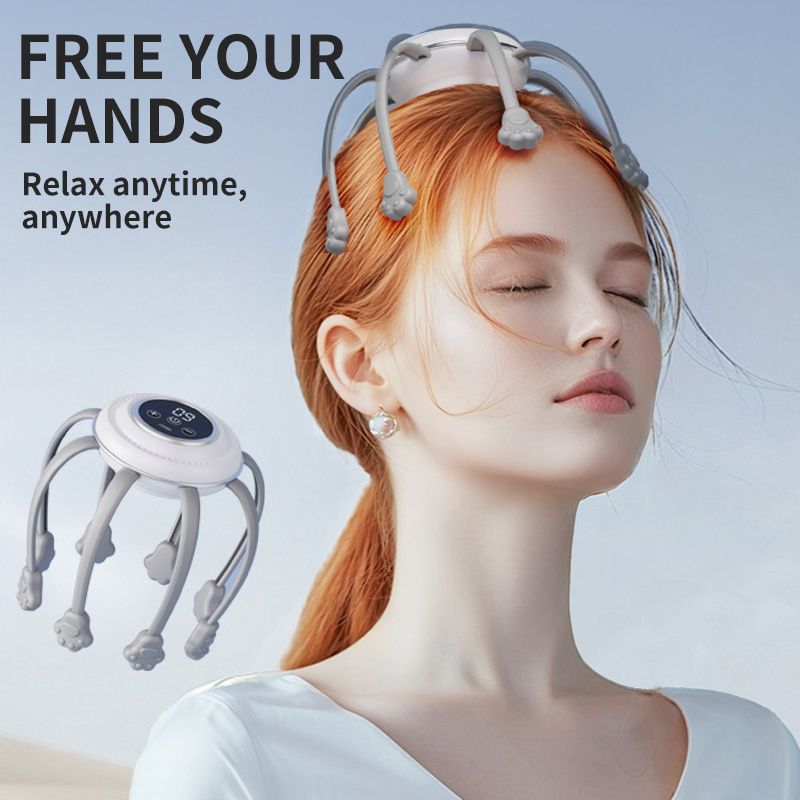 Wireless Octopus Head Massager USB Rechargeable Scalp Relaxation Black