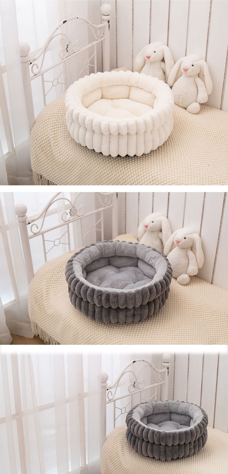Pet Bed Cat Bed Dog Bed All-Season Bed Ultra-Soft Plush Large Pet Bed Round Pet - White - Size 50-20-15