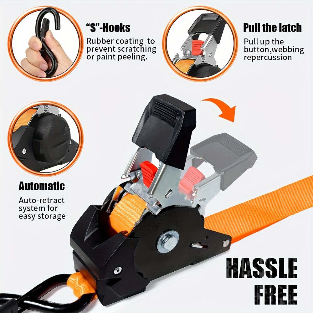 Yellow automatic webbing recovery ratchet strap, vehicle cargo strap, heavy-duty ratchet strap, long-length ratchet strap, easy-to-use ratchet strap, Australian transport