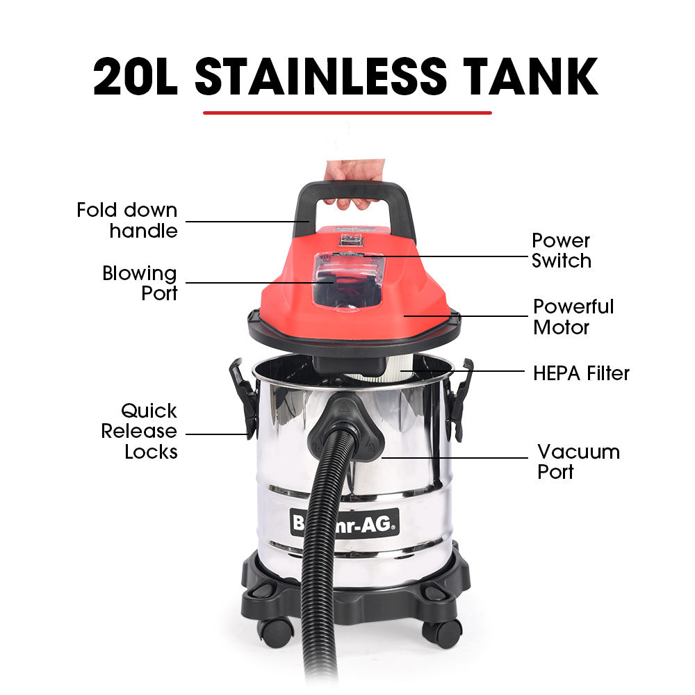 Baumr-AG 20L Cordless Wet & Dry Vacuum Cleaner Kit, with 4Ah battery and Charger, Blower, HEPA Filter, Accessories, Stainless Steel, for Car, Home, Garage