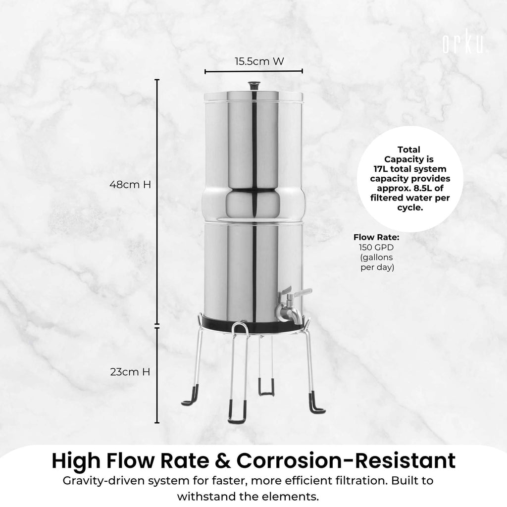 Orku 17L Gravity Benchtop Water Filter System - Stainless Steel