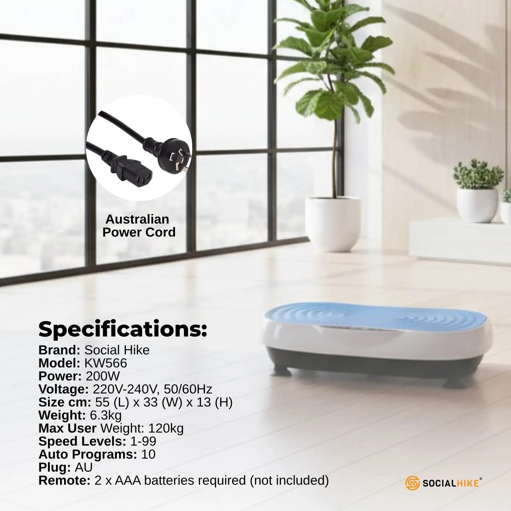 Social Hike 55cm Vibration Plate Machine Full Body Exercise Platform 200W Blue