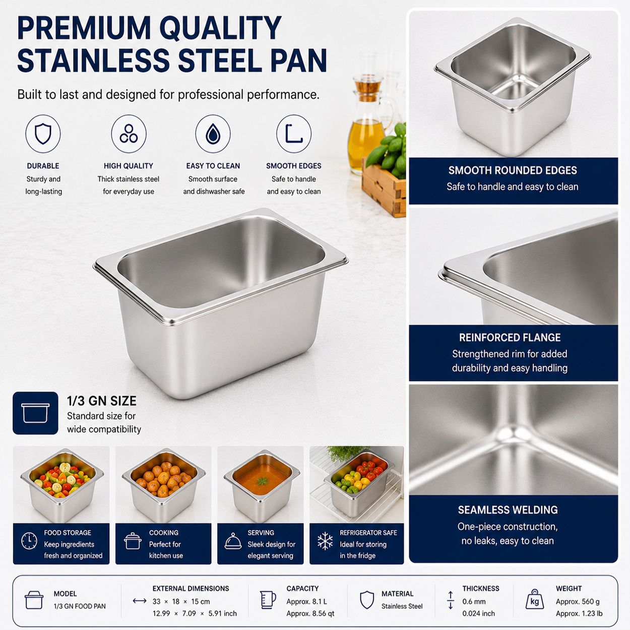 Commercial Stainless Steel GN 1/3 150mm Deep Gastronorm Bain Marie Buffet Steam Table Food Pan with Lid
