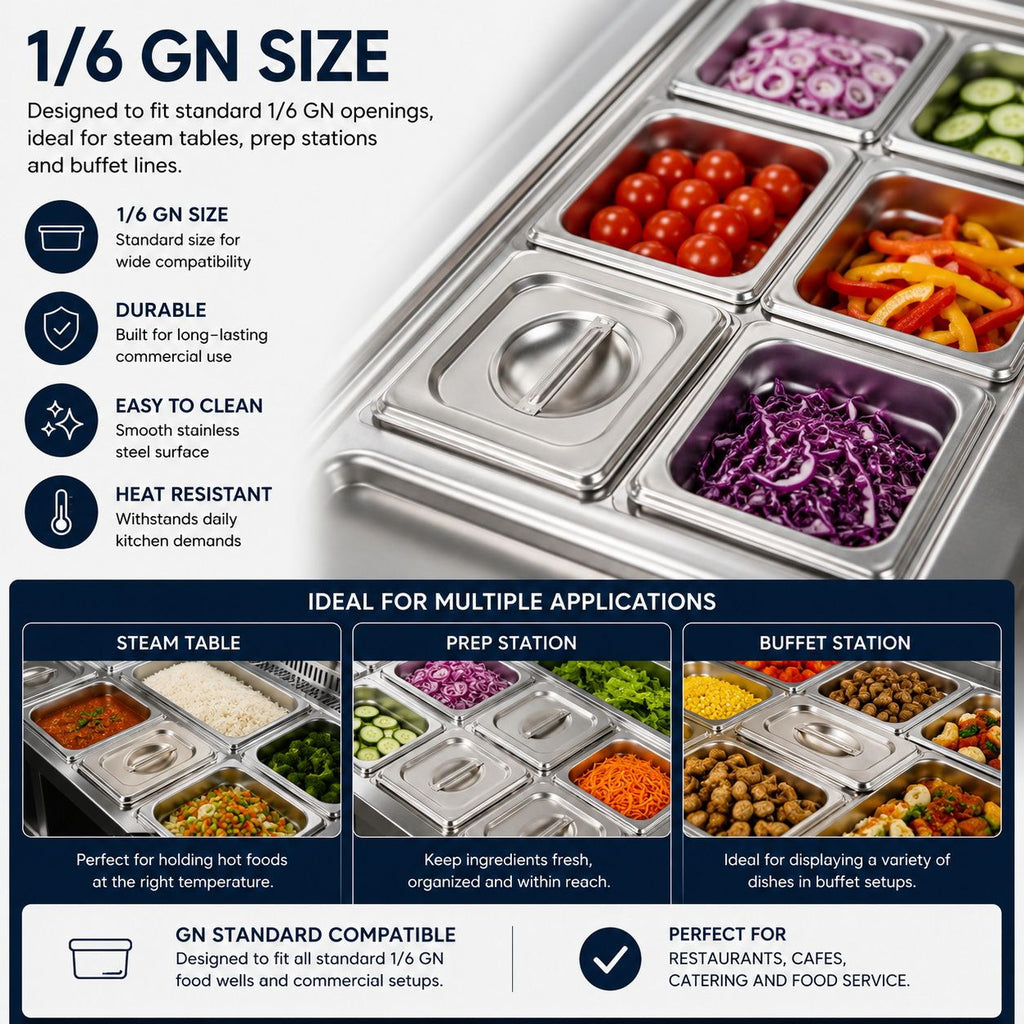 Commercial Stainless Steel GN 1/6 150mm Deep Gastronorm Bain Marie Buffet Steam Table Food Pan with Lid