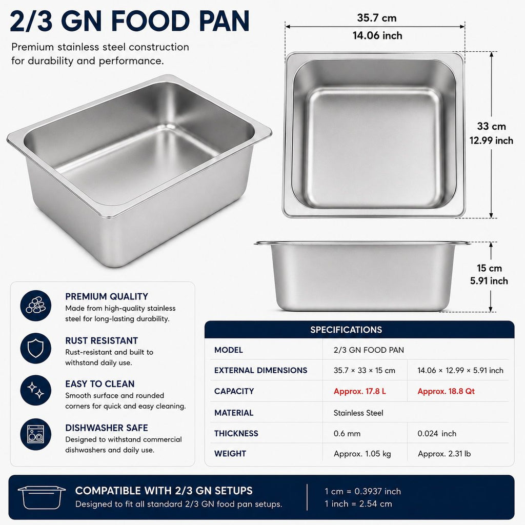 Commercial Stainless Steel GN 2/3 150mm Deep Gastronorm Bain Marie Buffet Steam Table Food Pan