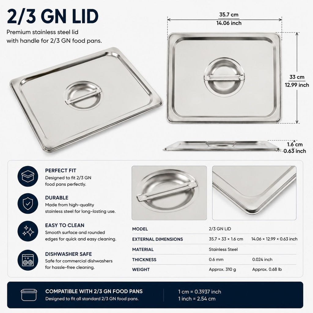 Commercial Stainless Steel GN 2/3 150mm Deep Gastronorm Bain Marie Buffet Steam Table Food Pan with Lid