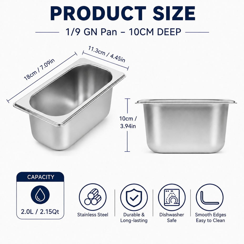 Commercial Stainless Steel GN 1/9 100mm Deep Gastronorm Bain Marie Buffet Steam Table Food Pan