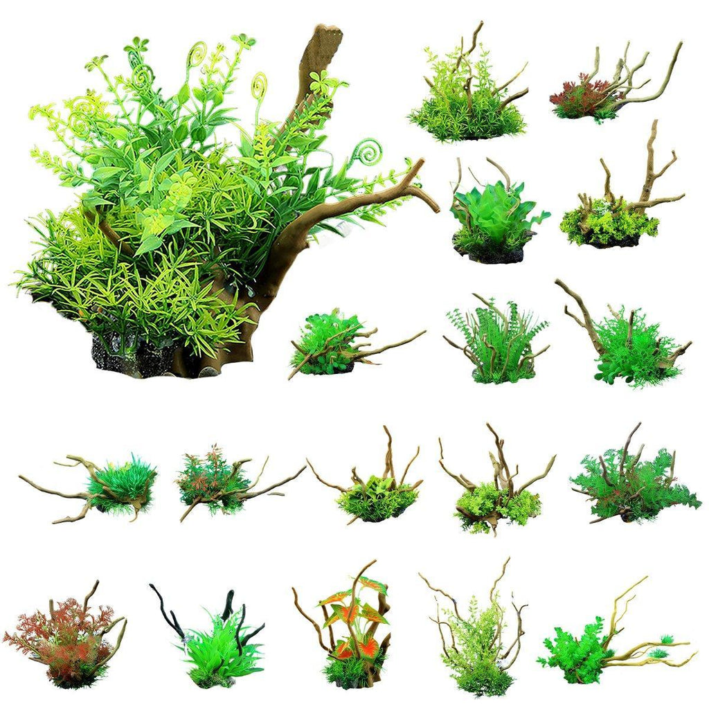 Aquarium Landscaping Decoration Artificial Wood and Plants Fish Tank Ornament - CM1901-Green