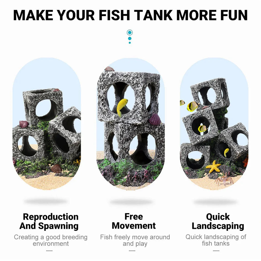 Fish Tank Shrimp Shelter House Square Stone Cave Aquarium Breeding Hiding Decor - 3 Squares
