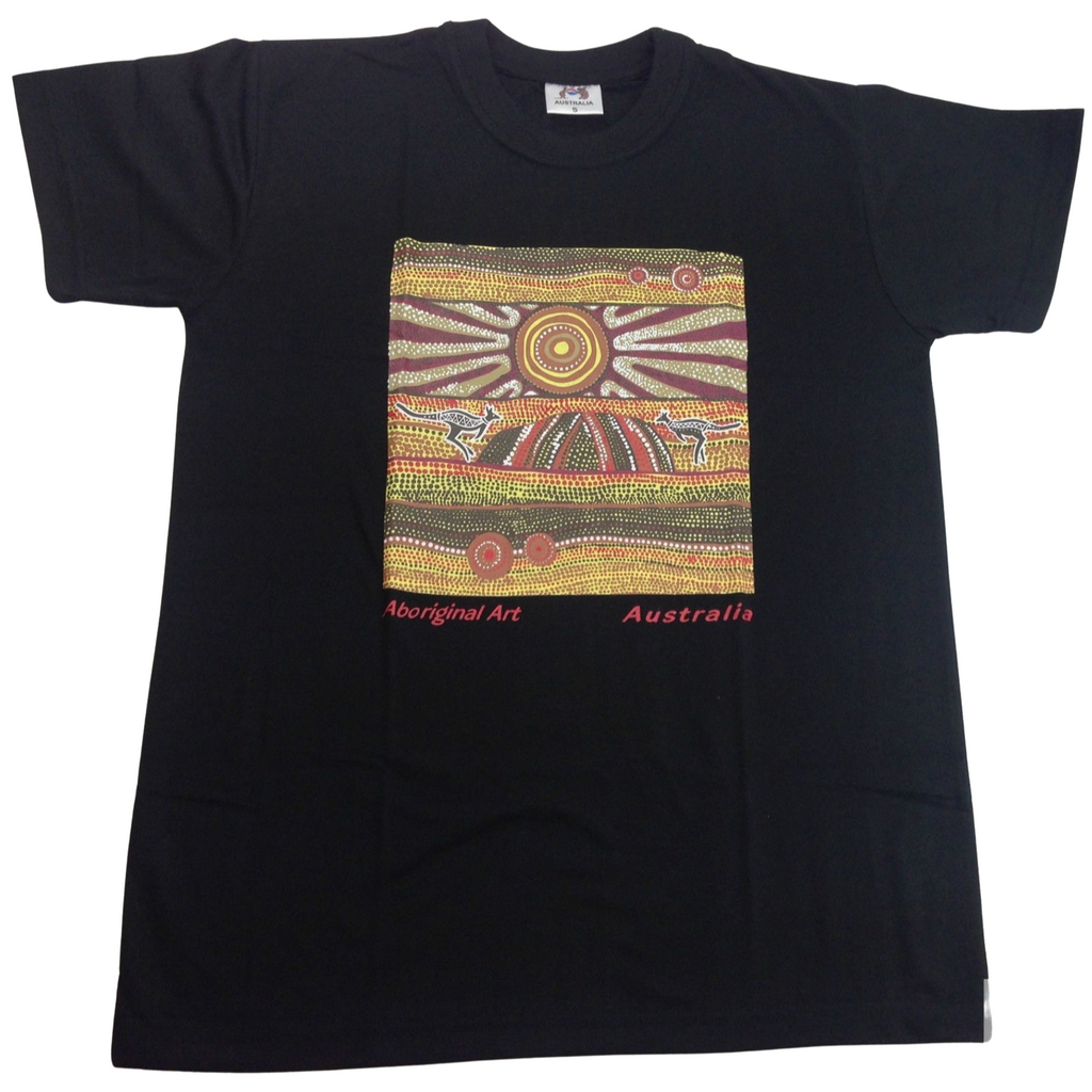 Mens Australia T Shirt Aboriginal Art 100% Cotton Souvenir Indigenous Tee - Black - Small