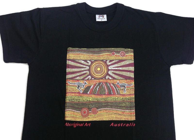 Mens Australia T Shirt Aboriginal Art 100% Cotton Souvenir Indigenous Tee - Black - Small