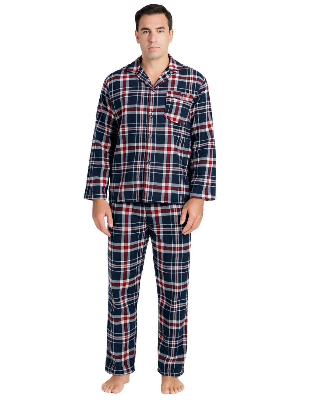 Mens Flannelette Pyjama Set Sleepwear Soft 100% Cotton PJs Two Piece - Navy/Red Check - XXL