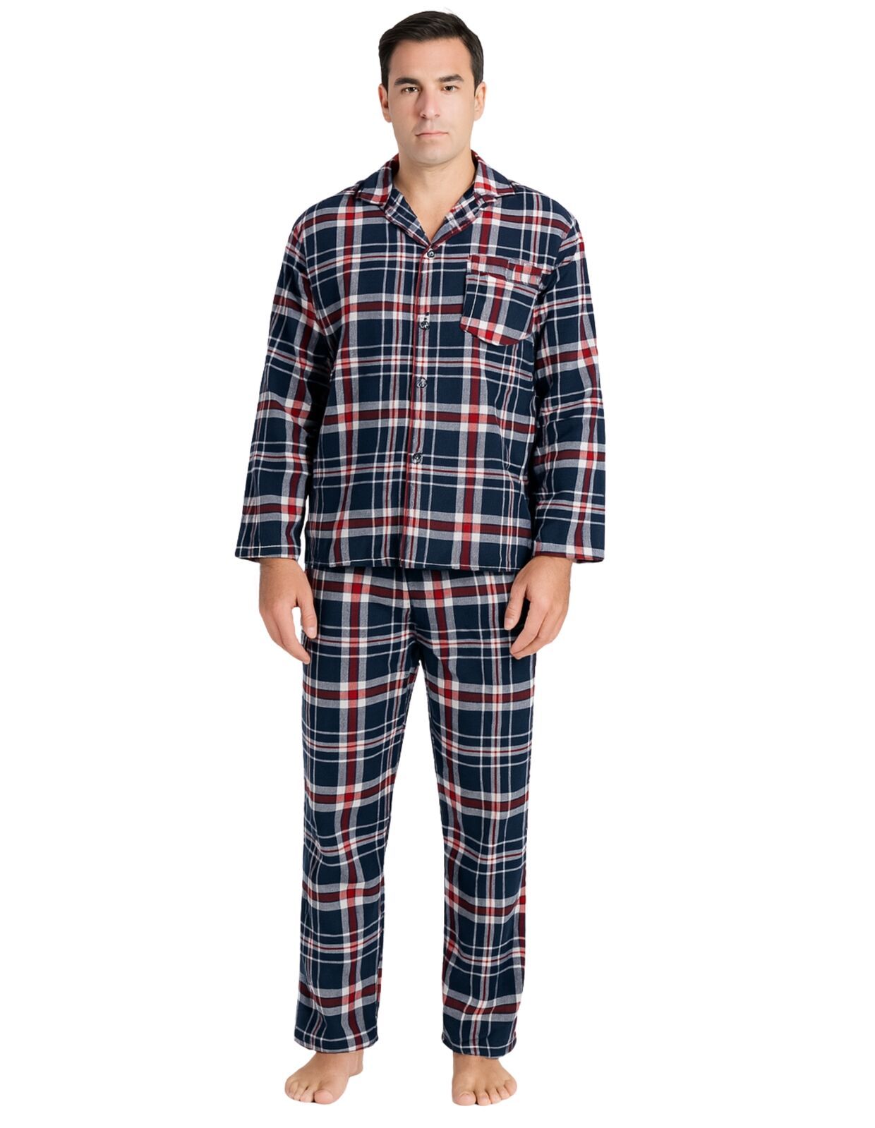 Mens Flannelette Pyjama Set Sleepwear Soft 100% Cotton PJs Two Piece - Navy/Red Check - XXL