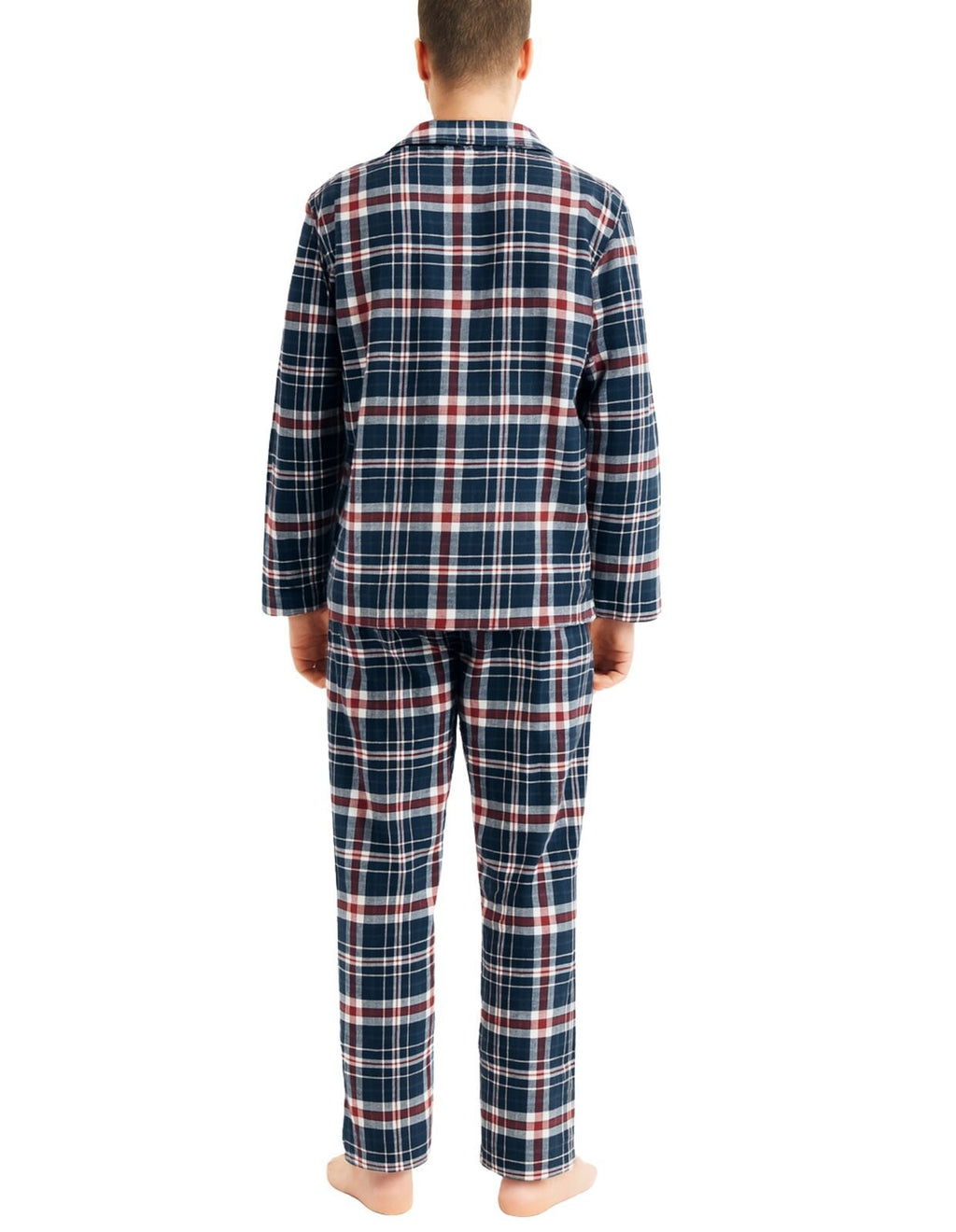 Mens Flannelette Pyjama Set Sleepwear Soft 100% Cotton PJs Two Piece - Navy/Red Check - XXL