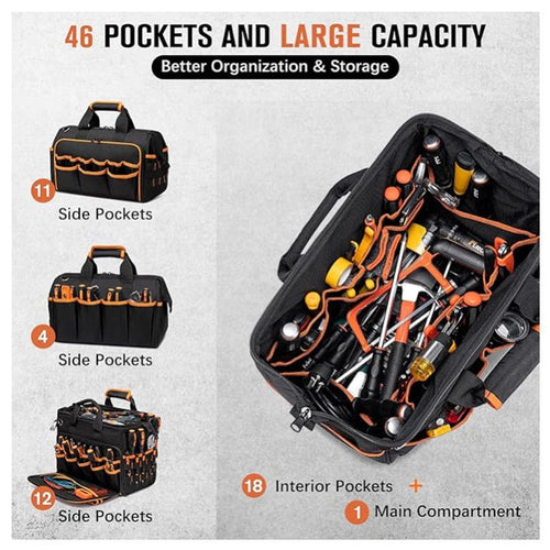 17 Inch Heavy Duty Tool Bag - 43cm Wide Open Mouth Organiser - Thickened Wear Resistant Oxford Cloth with Adjustable Padded Strap, Multi-Pocket Storage for Electricians Plumbers and Professional Trades