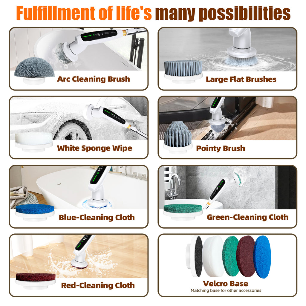 Electric Spin Scrubber with Adjustable Extension Handle & 8 Brush Heads - Smart LED Display