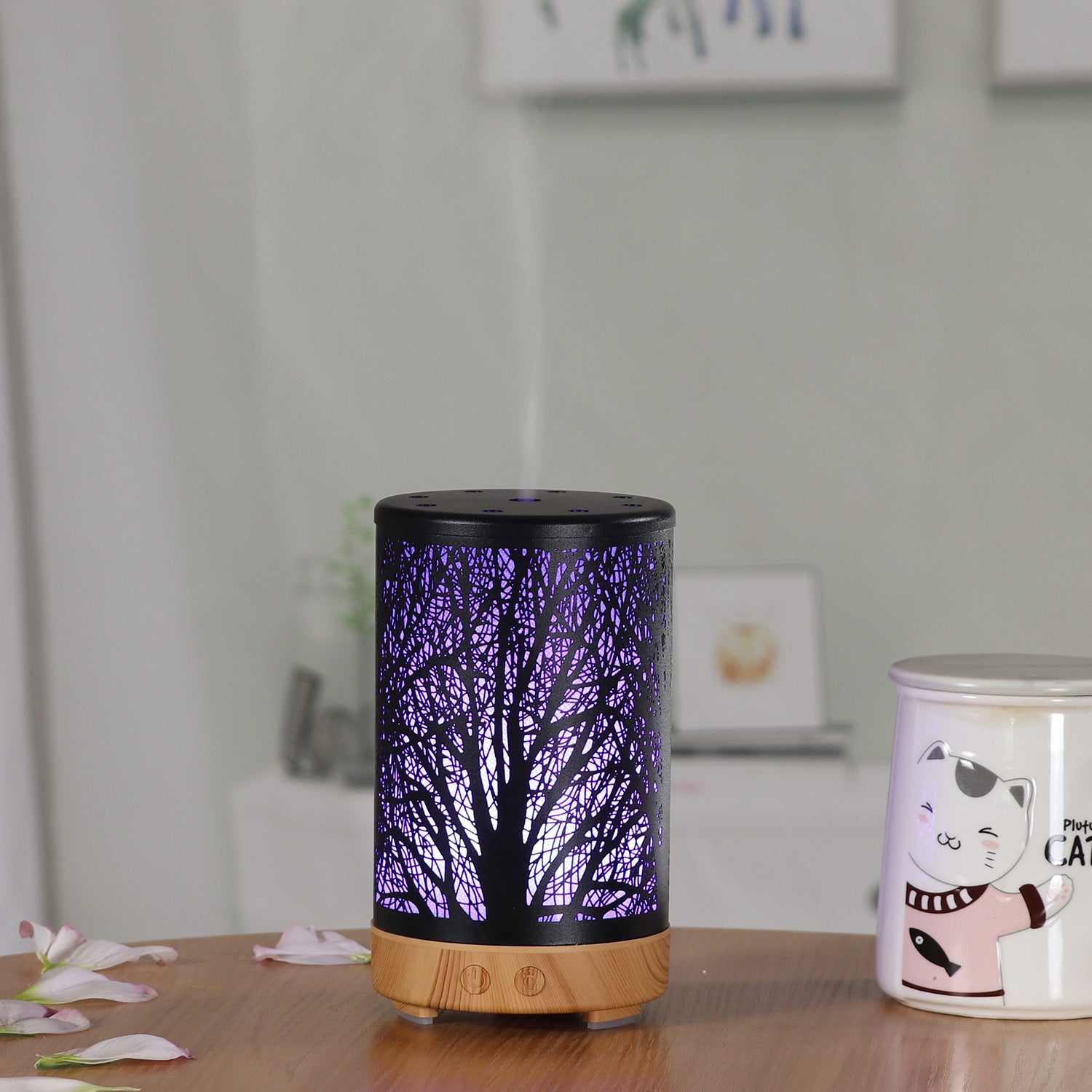 Khaki and Black Forest Design Iron Essential Oil Diffuser - 7 Color LED Ultrasonic Cool Mist Humidifier 100ml