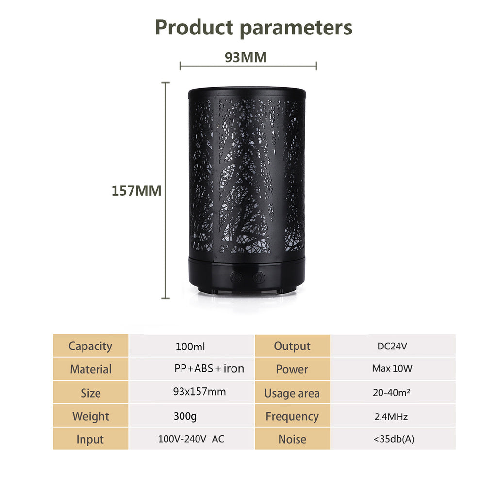 Coffee and Black Forest Design Iron Essential Oil Diffuser - 7 Color LED Ultrasonic Cool Mist Humidifier 100ml