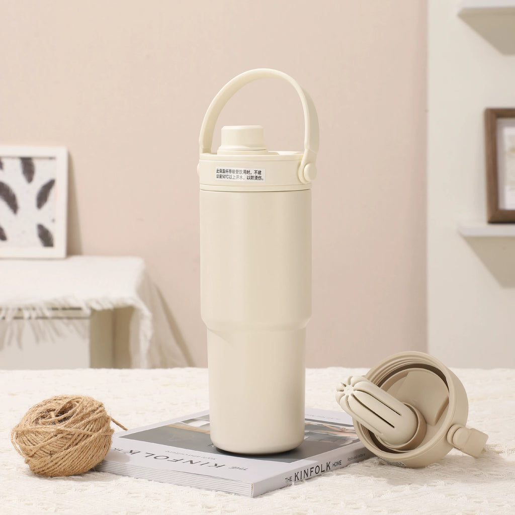 White 30oz Ceramic-Lined Insulated Tumbler with Handle, 735ml Stainless Steel Travel Mug