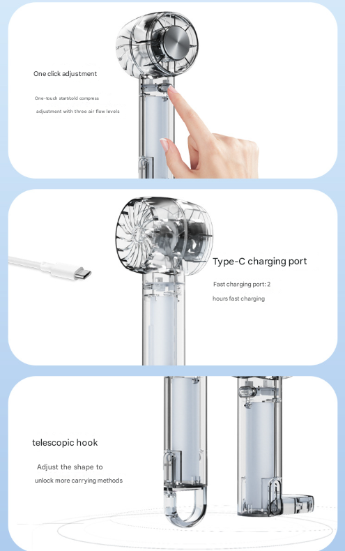 Transparent Black Portable Mini Cooling Fan with Semiconductor Ice Compress - USB-C Rechargeable, 3-Speed Turbine & Transparent Design