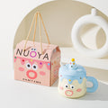 Blue Adorable Cartoon Character Ceramic Mug Set - 420ml with Fun Cake Design Lid & Matching Spoon - Perfect Gift