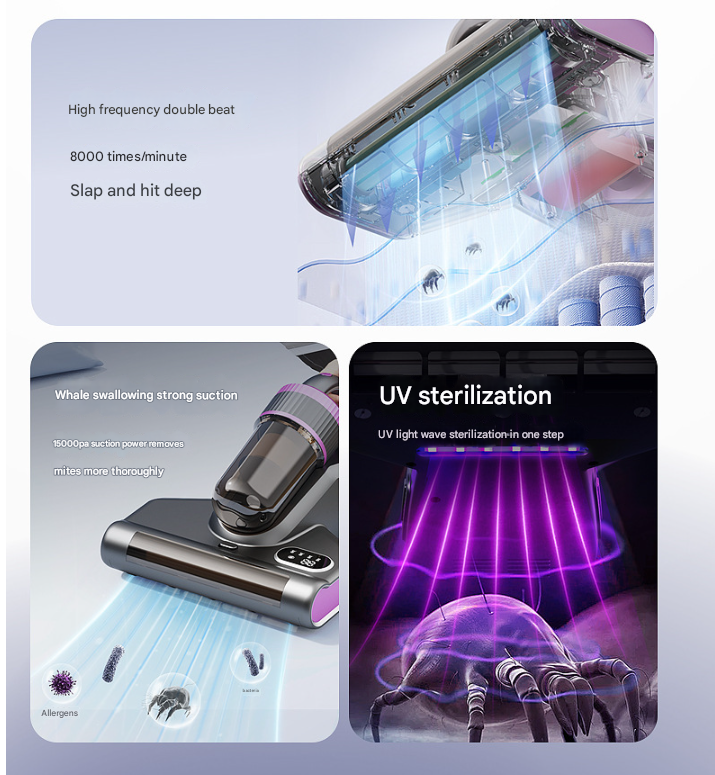 White Advanced Cordless UV-C Dust Mite Vacuum - Handheld Cleaner with Hot Air, Pulsating Pads & LED Display