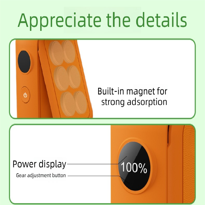 Light green Portable Handheld Fan 350 Degree Rotation Foldable Neck Hanging Waist Fan with Magnetic Base LED Display 5 Speed Personal Fan