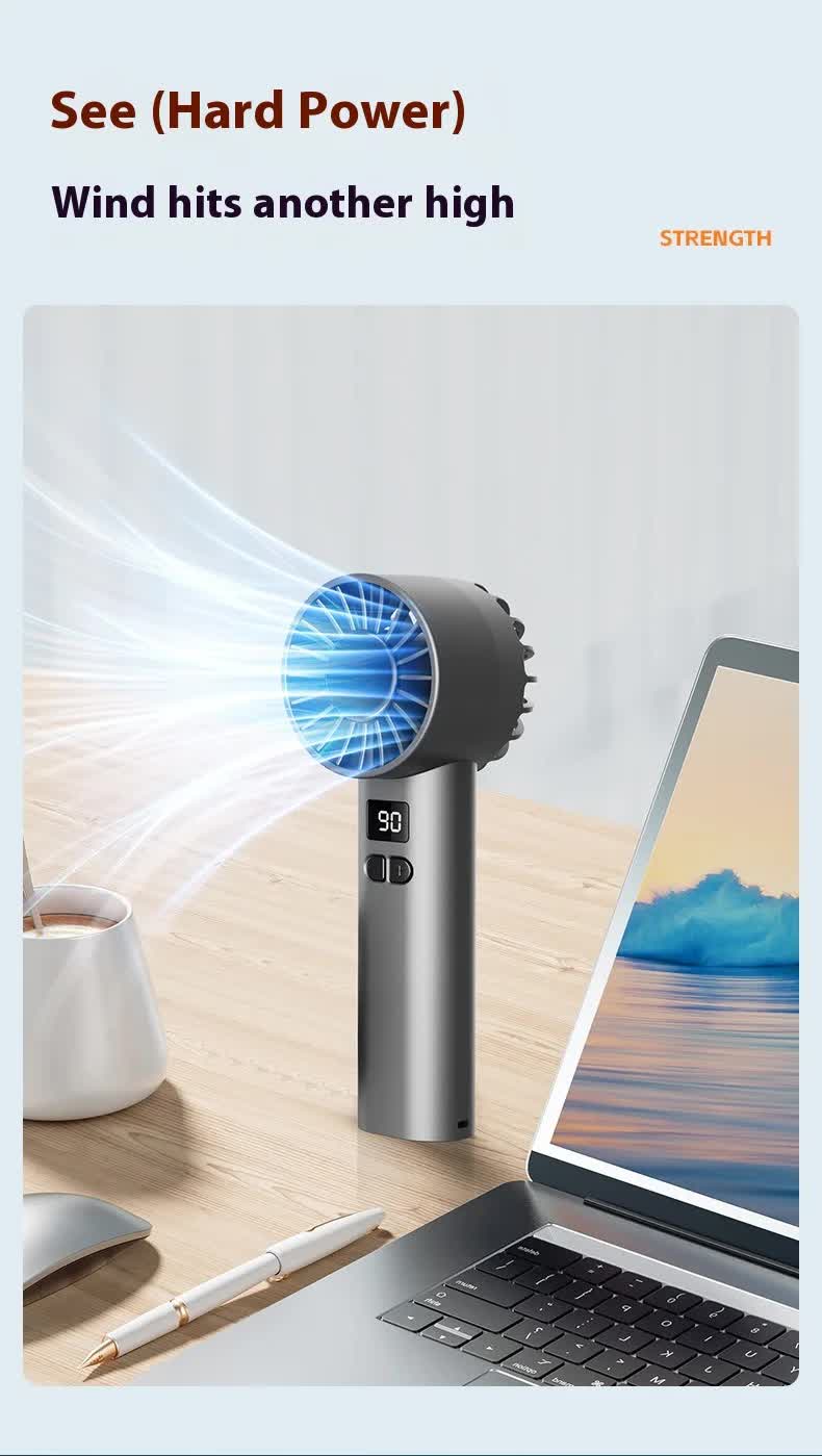 High Speed Handheld Turbo Fan 100 Adjustable Speeds Digital Display Portable Personal Cooling Device Rechargeable Type-C for Travel Outdoor White