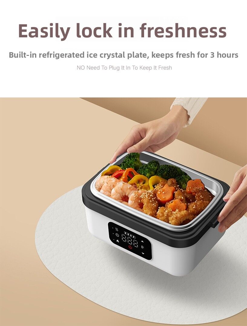 1L Black-Blue Cordless Waterless Heated Lunch Box - Portable 304 Stainless Steel Bento Box for Picnic Students Office Workers, Timed Insulation & USB Rechargeable