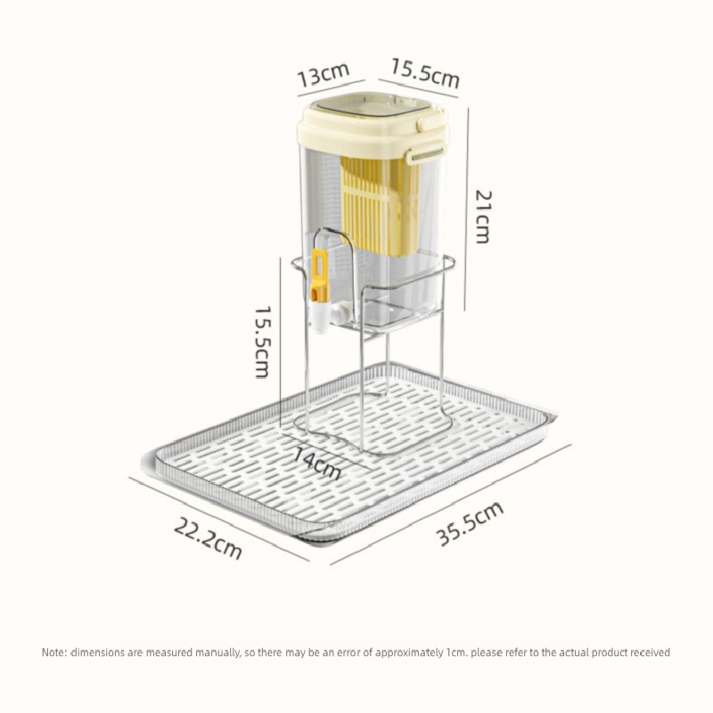 Yellow Refrigerator Beverage Dispenser with Faucet and Plastic Fruit Filter 3.5L Cold Water Jug includes Metal Stand and Drip Tray Portable Drink Solution for Local Home Use