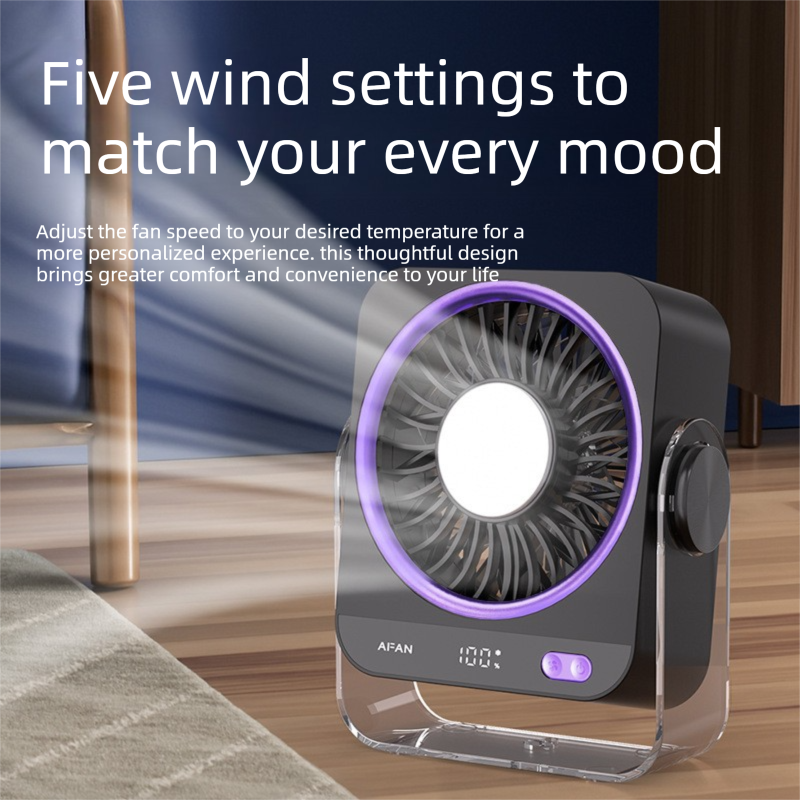 Grey Portable Semiconductor Cooling Desk Fan USB Type-C Rechargeable 5 Speeds Digital Display Silent Operation Wall-Mountable Air Circulator for Local Home and Office Spaces