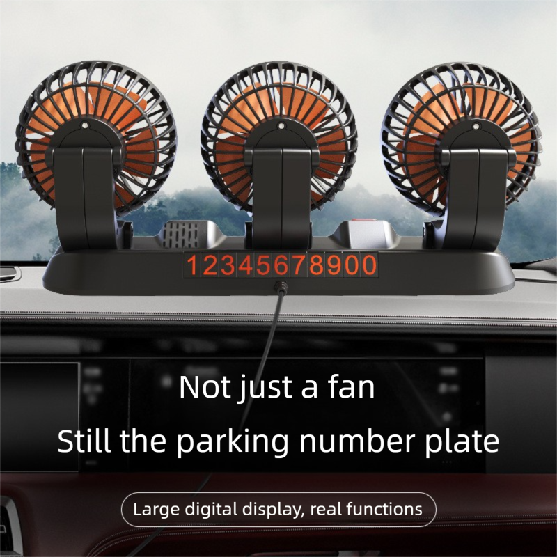 3-in-1 Powerful Car Triple Head Fan (12V Lighter Power) - Quiet Cooling Fan Integrated Aromatherapy & Number Plate, with 360° Rotation & 130cm Long Cord