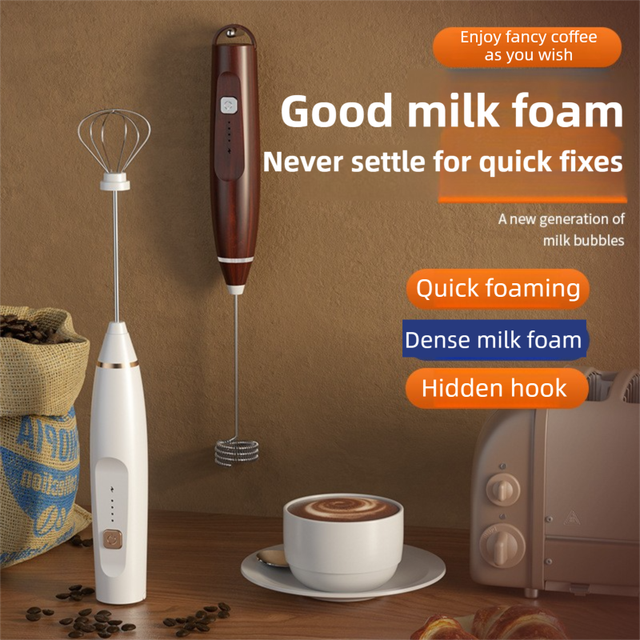 White Wireless 3-Speed Milk Frother & Egg Whisk with Dual Mixing Heads & Hidden Hook - Handheld USB Rechargeable Foam Maker for Coffee, Cream & Baking