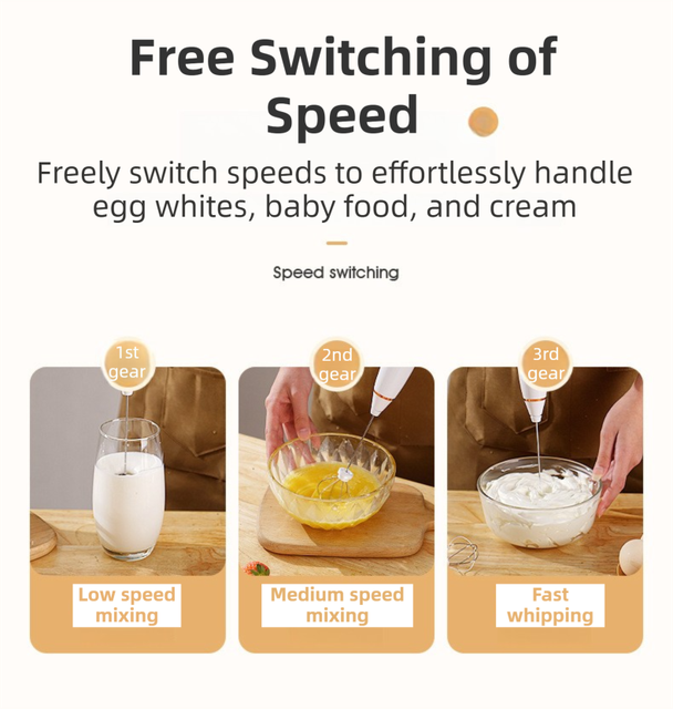 White Wireless 3-Speed Milk Frother & Egg Whisk with Dual Mixing Heads & Hidden Hook - Handheld USB Rechargeable Foam Maker for Coffee, Cream & Baking