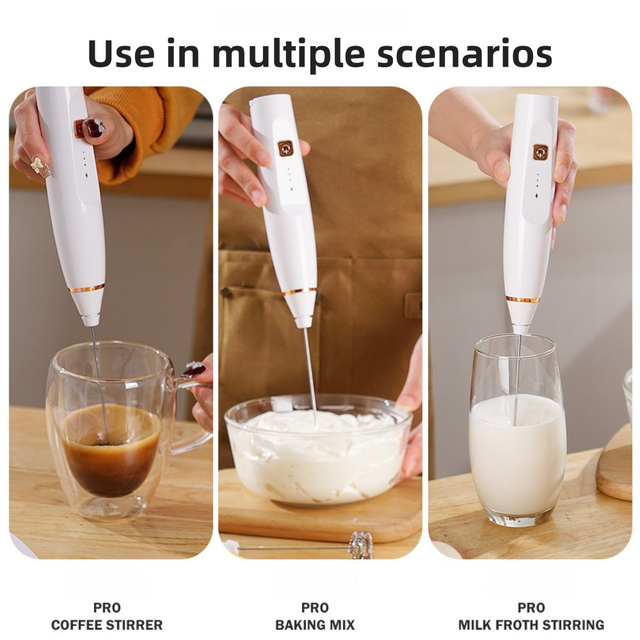 Blue Wireless 3-Speed Milk Frother & Egg Whisk with Dual Mixing Heads & Hidden Hook - Handheld USB Rechargeable Foam Maker for Coffee, Cream & Baking
