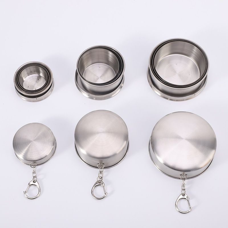 Collapsible Travel Cup Set 3pc Stainless Steel Telescopic Keychain Silver