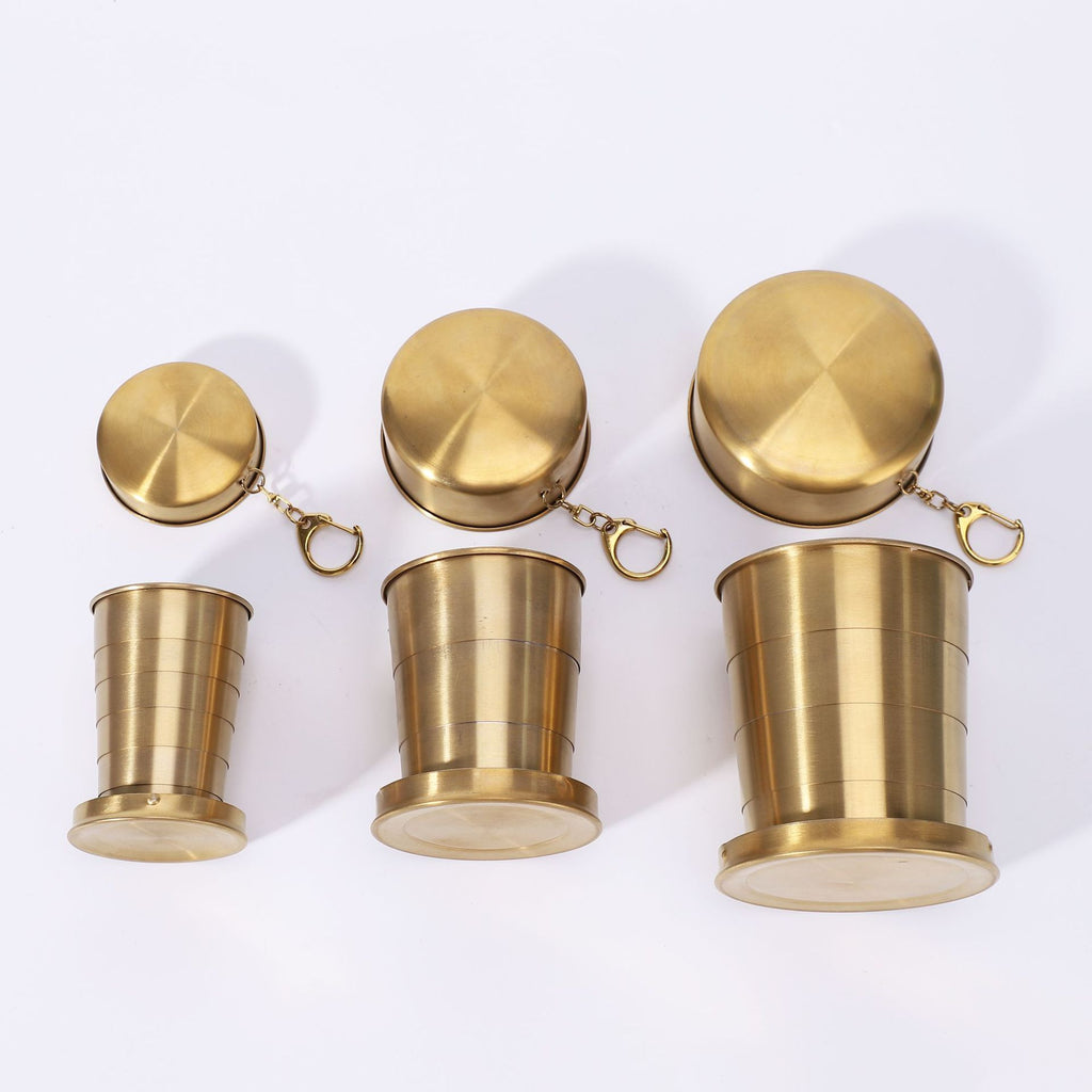 Collapsible Travel Cup Set 3pc Stainless Steel Telescopic Keychain Gold