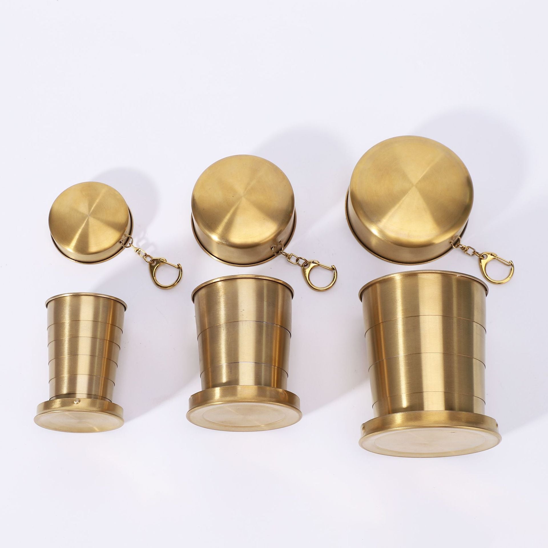 Collapsible Travel Cup Set 3pc Stainless Steel Telescopic Keychain Gold