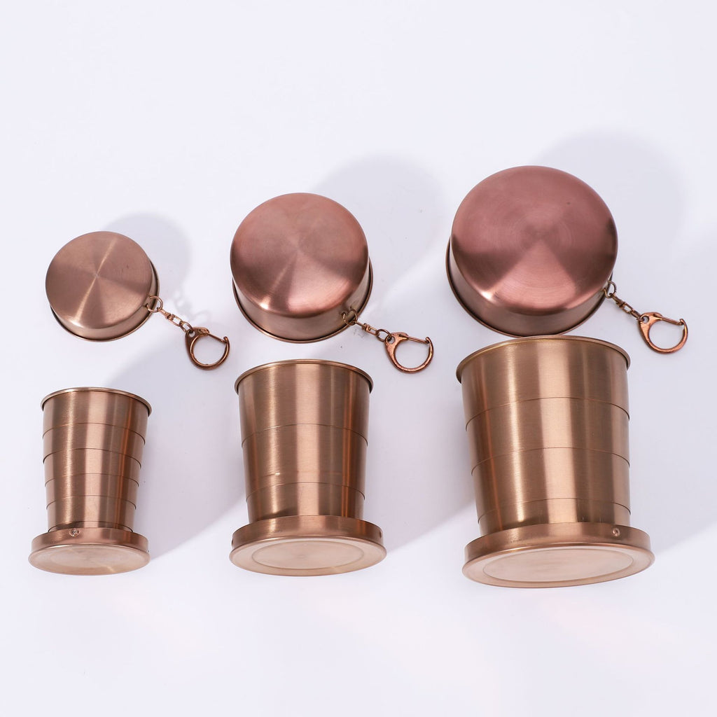 Collapsible Travel Cup Set 3pc Stainless Steel Telescopic Keychain Bronze
