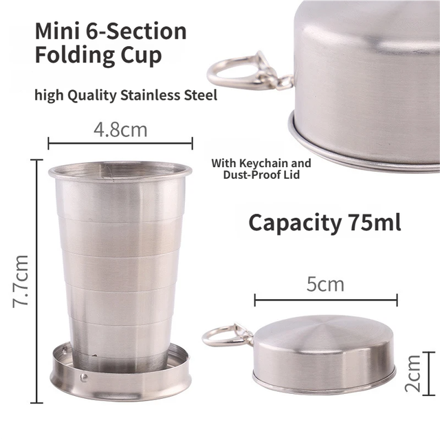 Collapsible Travel Cup 75ml Stainless Steel Telescopic Keychain Camping Silver