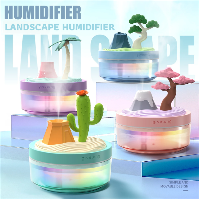 Cactus & Pine Tree USB Portable Bionic Landscape Humidifier and Creative Potted Plant Air Diffuser - 7-Color Night Light & 2-Mode Mist Timer