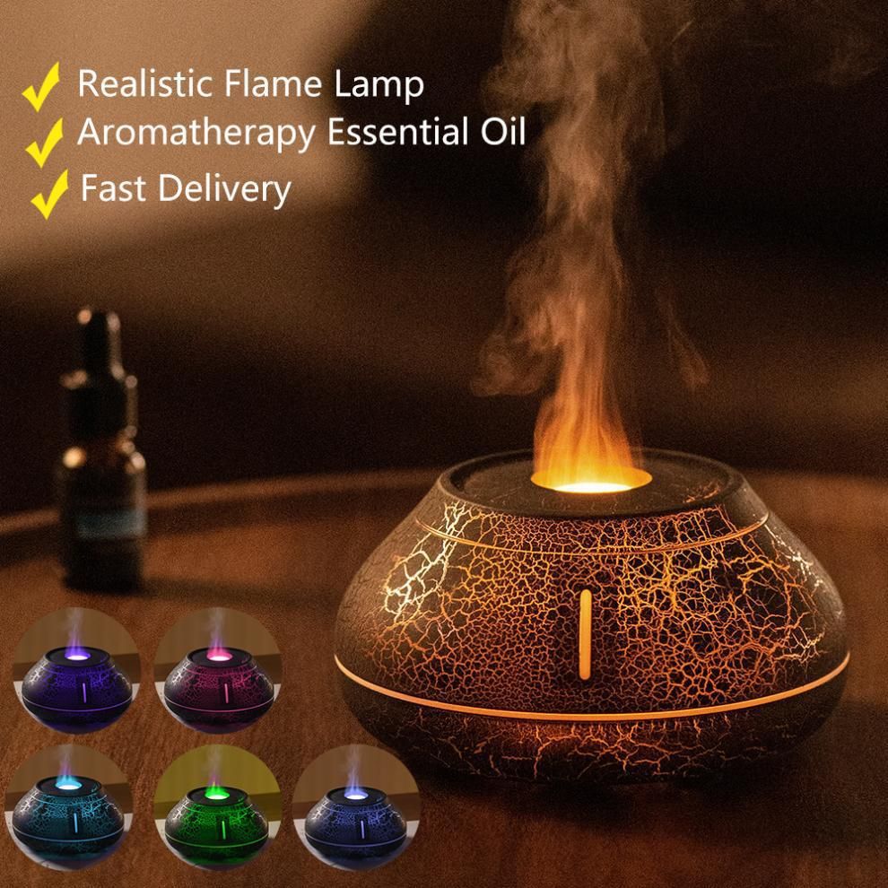 Crackled White 7-Color Flame Ultrasonic Nano Mist Humidifier & Diffuser - Type-C Powered Realistic Fire Effect Mood Lamp for Home & Office